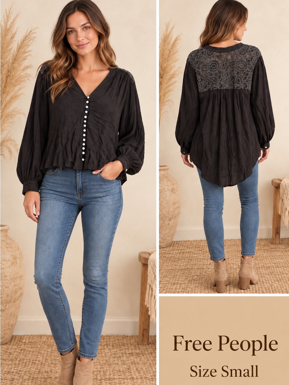Free People Black Lace-Back Button Front Top